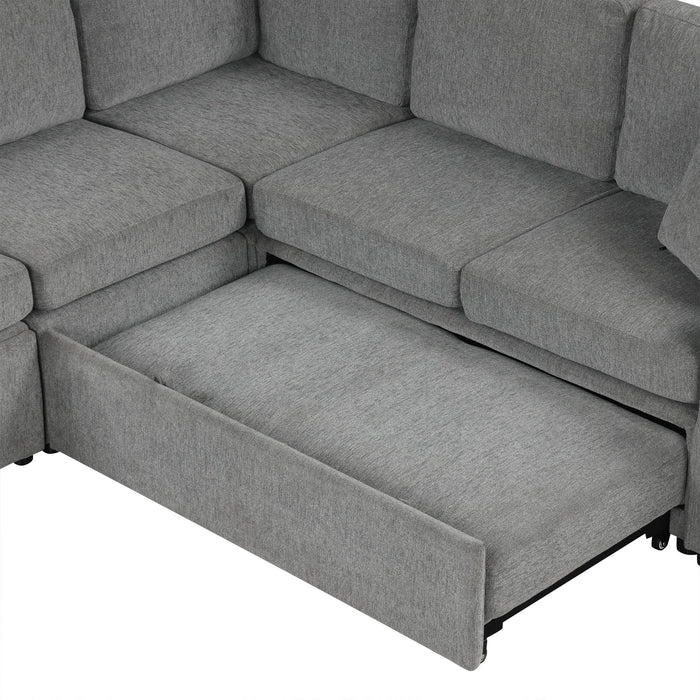 Modern U-Shaped Sectional Sofa Convertible Pull-Out Sofa Bed With USB Ports And Cup Holders