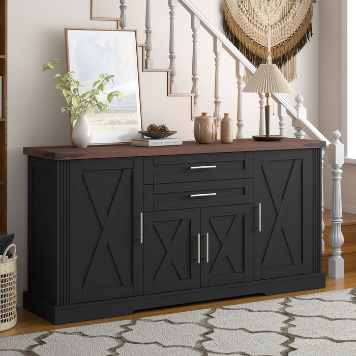 Barn Door Storage Cabinet With 2 Drawers & Door Rack, Adjustable Shelves