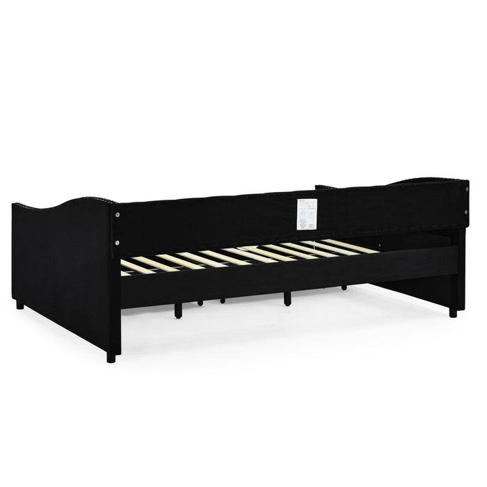 Upholstered Tufted Daybed With 2 Drawers, Waved Arms