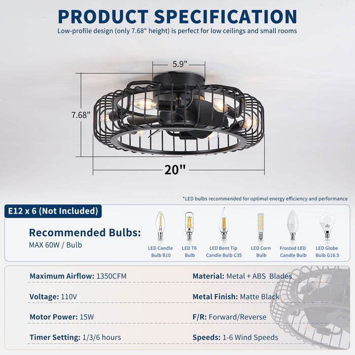 Flush Mount Ceiling Fan With Lights, Low Profile Fandelier With E12 Sockets, Reversible DC Motor, 6 Speeds - Black