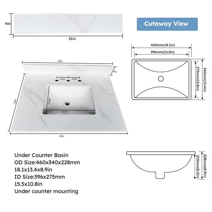 Bathroom Vanity Top With Undermount Sink, 3 Pre Drilled Holes