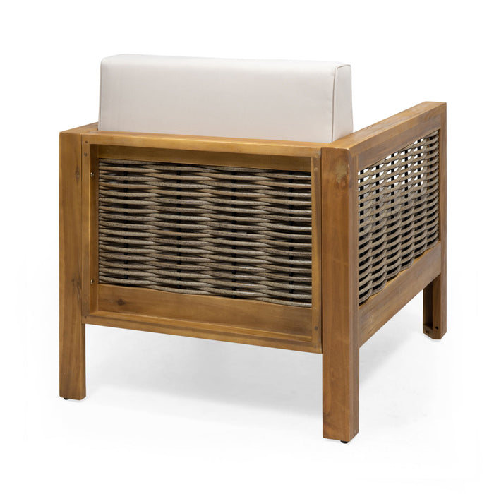 Outdoor 4 Seater Acacia Wood Chat Set With Wicker Accents And Cushions - Teak / Mixed Brown / Beige