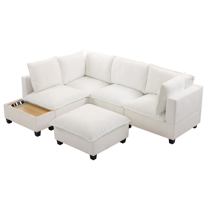 U-Shaped Sectional Modular Sofa With A Movable Ottoman, A Coffee Table With Hidden Charging Devices For Living Room