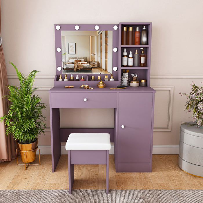 Vanity Desk Set With Padded Stool And Adjustable LED Mirror, 3 Color Light Modes - Purple