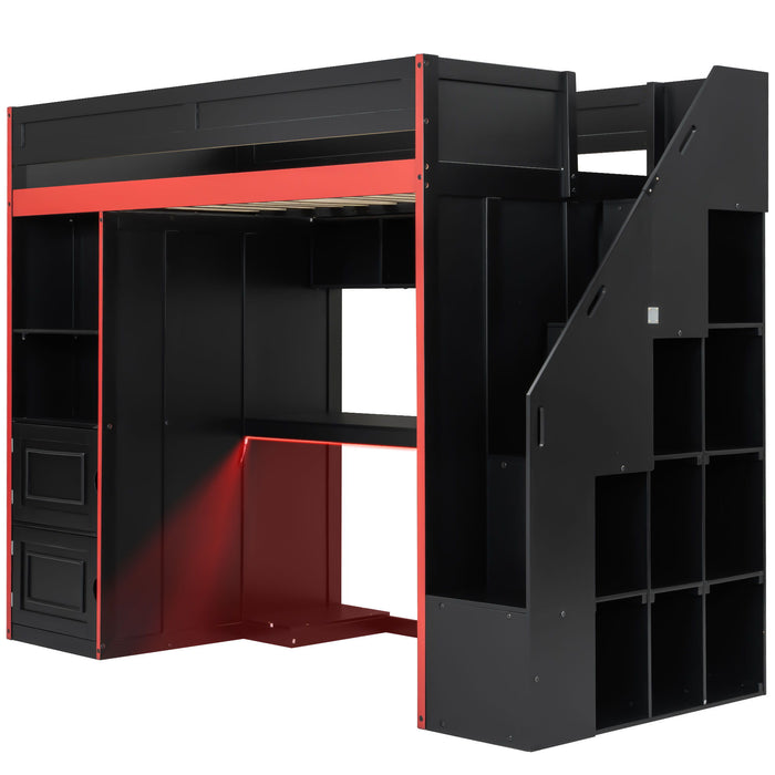 Gaming Loft Bed With Desk And Storage, LED Lights