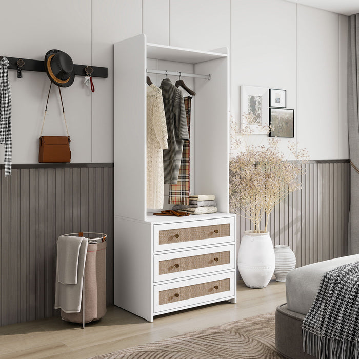 Wardrobe With 3 Drawers High Wardrobe Armoire With Rattan For Living Room Organizer - White