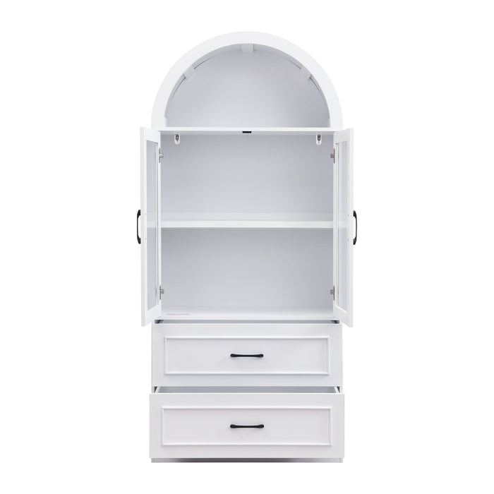 Arched Top Storage Cabinet With Fixed 2 Tier Shelves, 2 Large Drawers