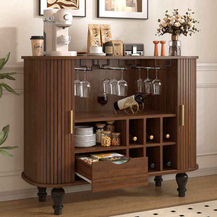 Fluted Liquor & Coffee Bar Cabinet With 6 Wine Racks And 3 Glass Holders