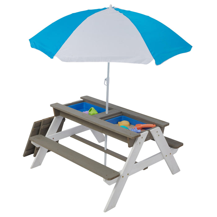 Wooden Kids Picnic Table, Sand And Water Table With Umbrella, Activity Table For Outdoor Backyard Patio Play - White / Gray