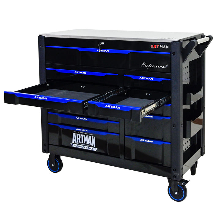 12 Layer Drawer Multi Purpose Tool Cart With Wheels And Iron Top - Black / Blue