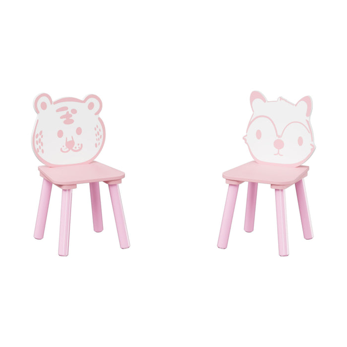 Table And Chair Set, 3 Piece Wooden Toddler Desk With Animal Backrest - Pink / White
