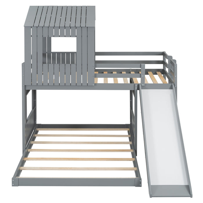 Loft Bunk Bed With Playhouse, Farmhouse, Ladder, Slide And Guardrails