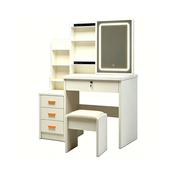 Vanity Set With LED Mirror, Storage Dressing Table & Cushioned Stool - Cream White