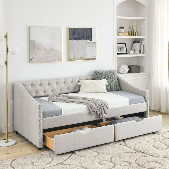 Upholstered Tufted Daybed With 2 Drawers, Waved Arms