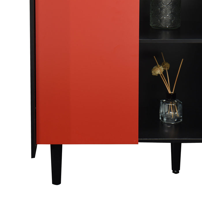 Modern Sideboard Buffet Cabinet With Red Doors And Unique Panel Styling