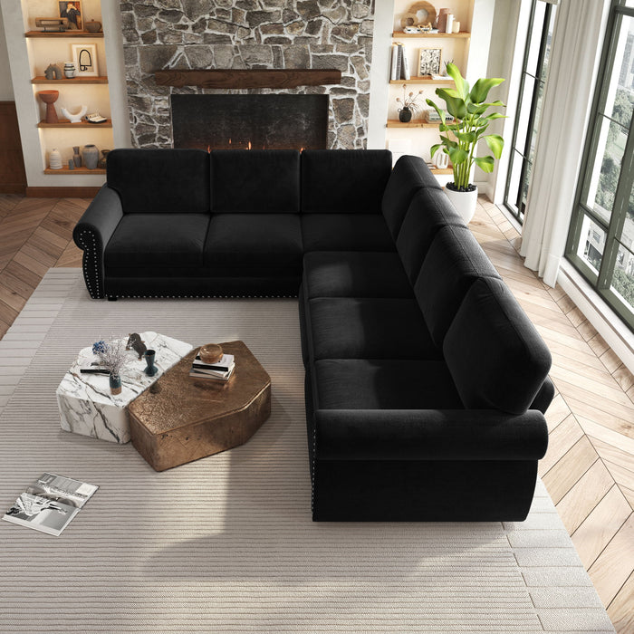 L-Shaped Sofa Couch With Pull Out Bed With Nailhead Trim & Rolled Arm