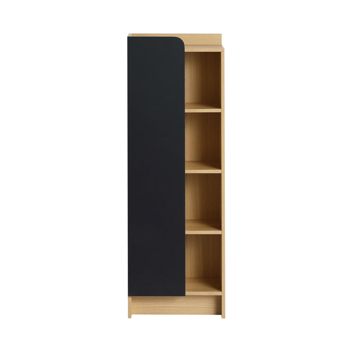 Tall Freestanding Bathroom Side Cabinet With Single Door & 4 Tier Open Shelves - Black / Light Oak / White