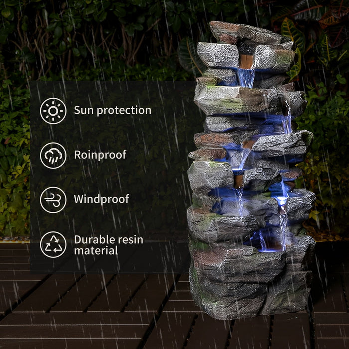 Rock Waterfall Outdoor Fountain With LED Lights - Gray