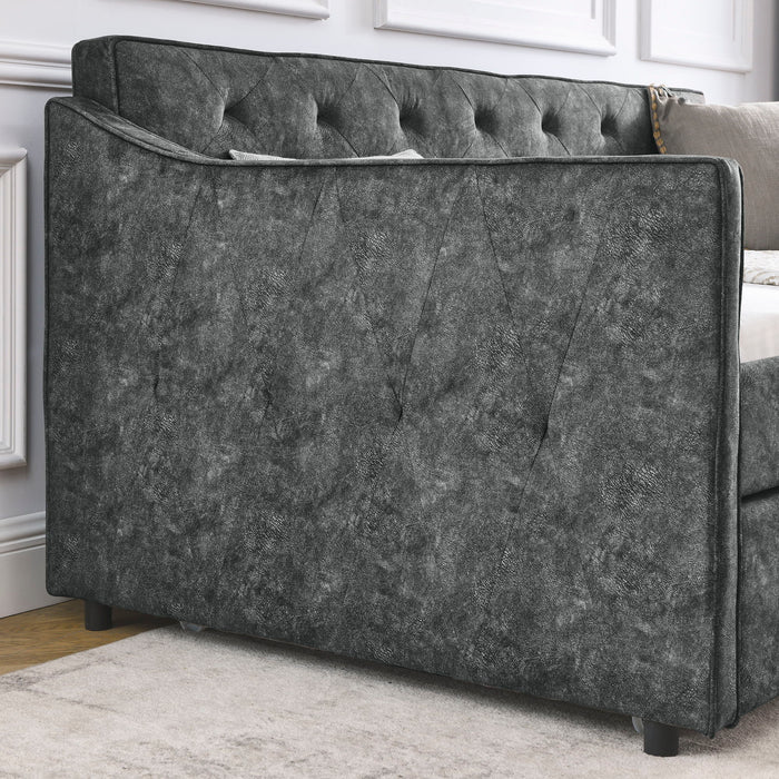 Twin Upholstered Daybed With Trundle, Waved Arms - Gray