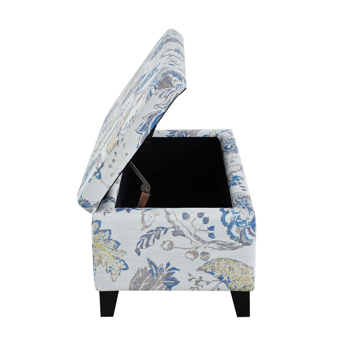 Luxury Storage Ottoman With Floral Patterned Fabric, Soft Close Hinges, Functional Footrest & Seat - Blue Flower / Blue Multi