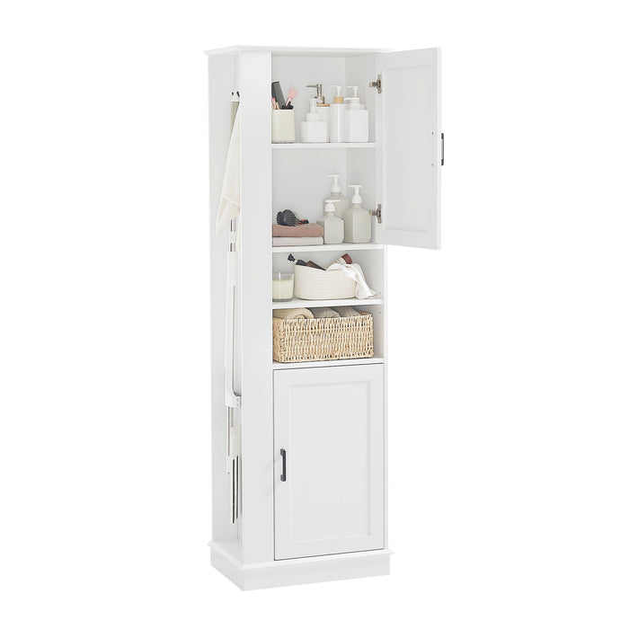 Tall Freestanding Bathroom Storage Cabinet With Adjustable Shelves And Side Hooks Board, Rectangle Design