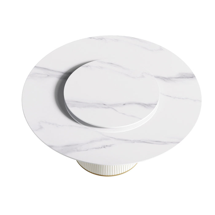 Modern Artificial Stone Round Plywood Base Dining Table, Can Accommodate 8 People, Artificial Stone Turntable (Not Including Chairs) - White / Beige