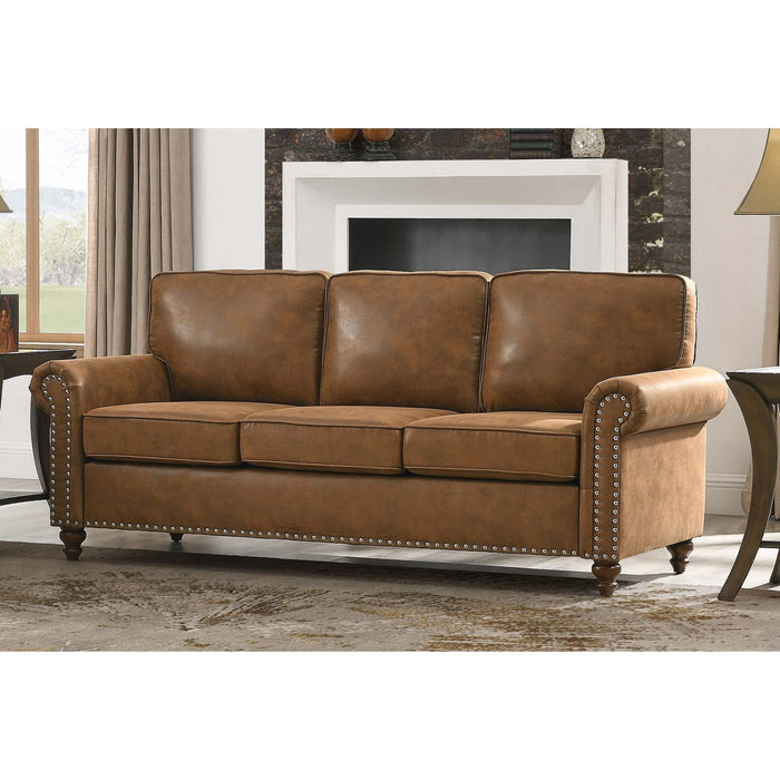 Sofa With Rolled Arms And Studs Trim - Brown