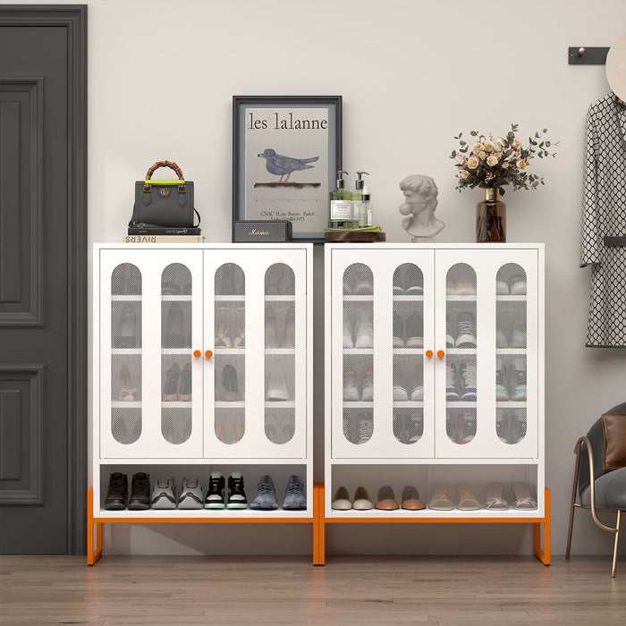 Modern Metal Shoe Cabinet With DoublebSided Mesh Doors And Adjustable Partitions