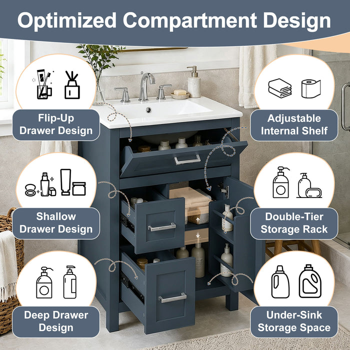 Modern Bathroom Vanity With Sink, Flip Drawer & 2 Drawers, Soft Close Hinges, Adjustable Shelf