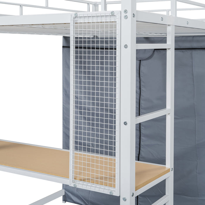 Loft Bed With Desk, Shelves, Power Outlet, LED Light And Wardrobe