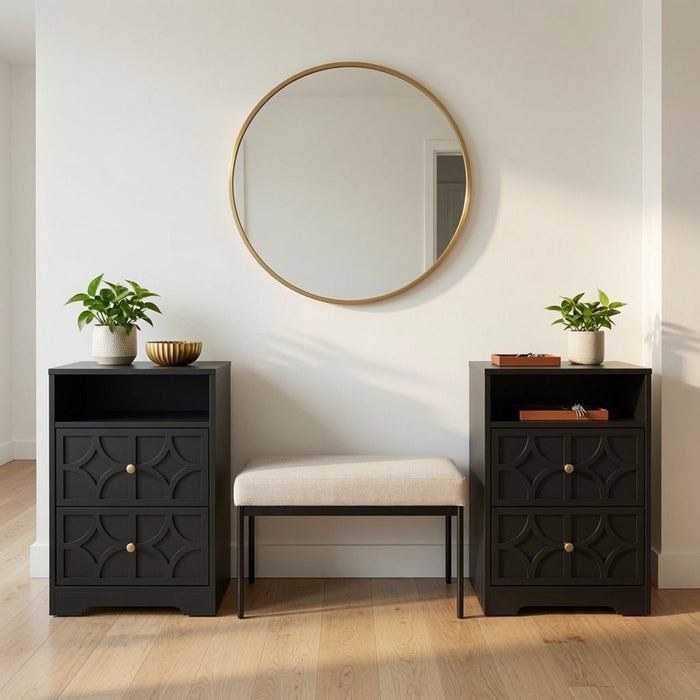 Nightstand With Diamond Carvings Handles, 2 Drawers & Charging Station