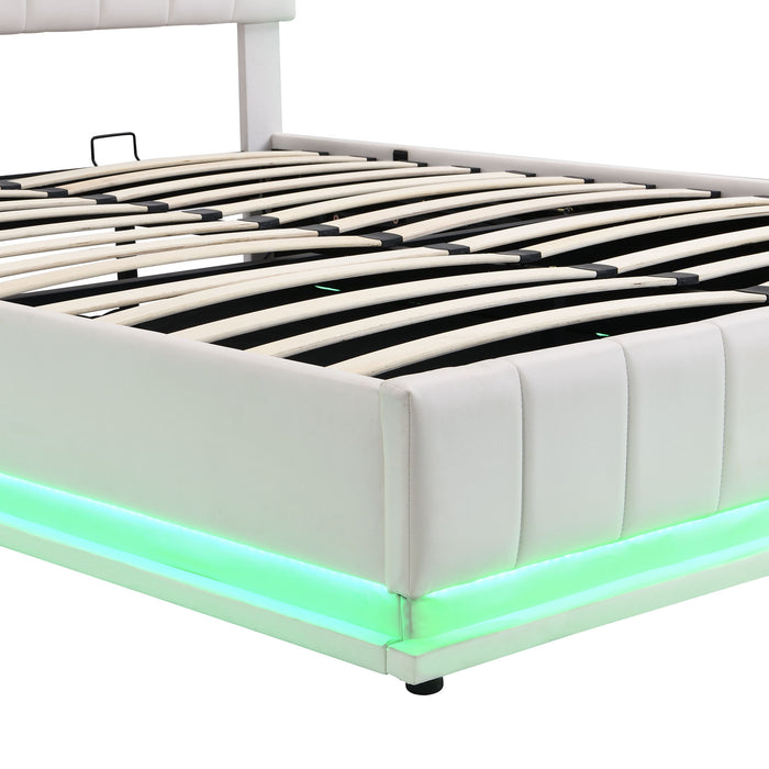 Upholstered Bed With Hydraulic Storage System And LED Light, With Sockets And USB Ports