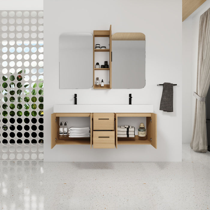 Floating Double Sink Bathroom Vanity Set With Tall Linen Cabinet, Drawers And Doors, Extra Large Storage, Integrated Sink, Soft Close Hardware - Glossy White / Light Oak