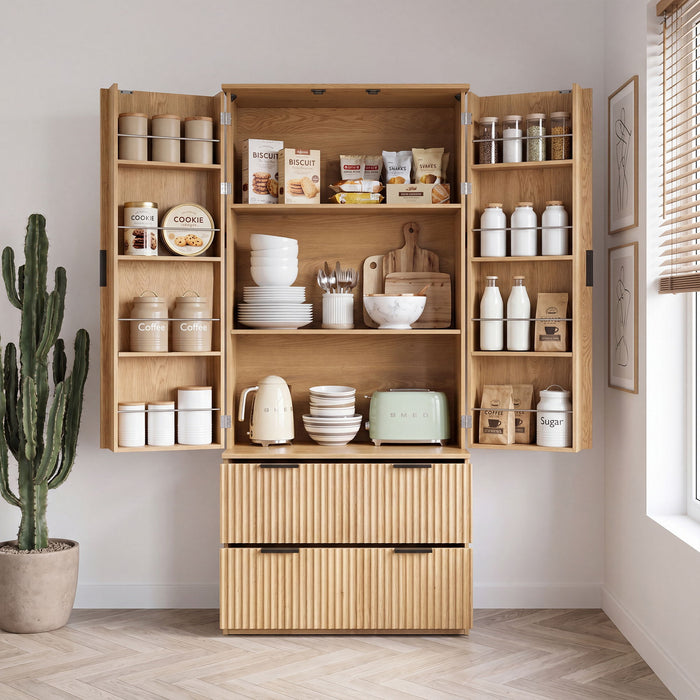 Fluted Kitchen Pantry Cabinet With 2 Large Drawers & 8 Door Spice Rack Freestanding Storage Organizer - Oak