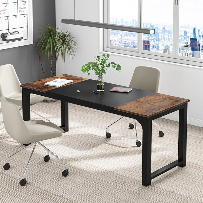 Executive Office Desk, Large Computer Workstation With Thick Frame - Brown / Black