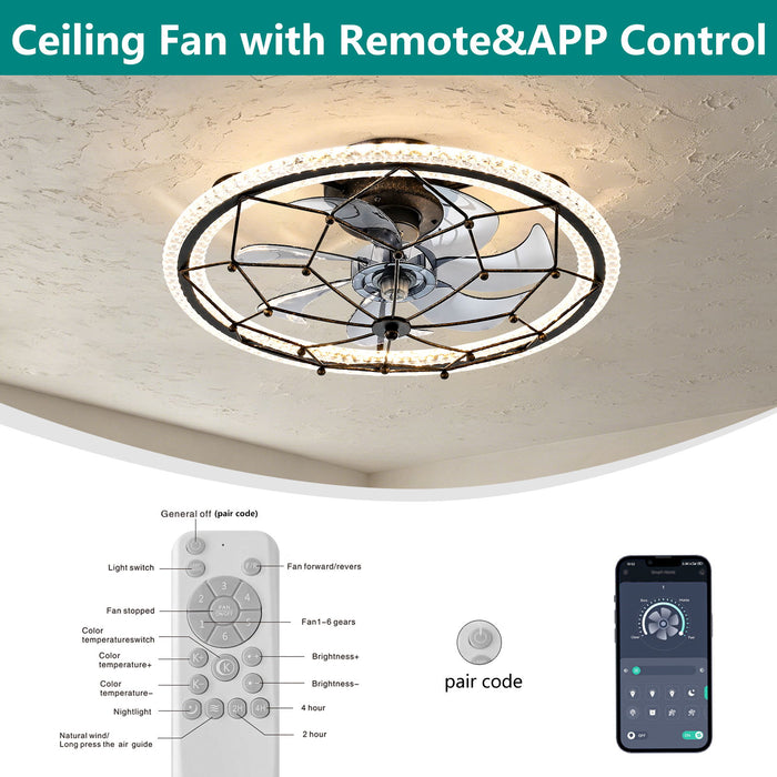 Caged Ceiling Fan With Remote Control Lights, 6 Speeds, 3 Color Temperature LED - Antique Black