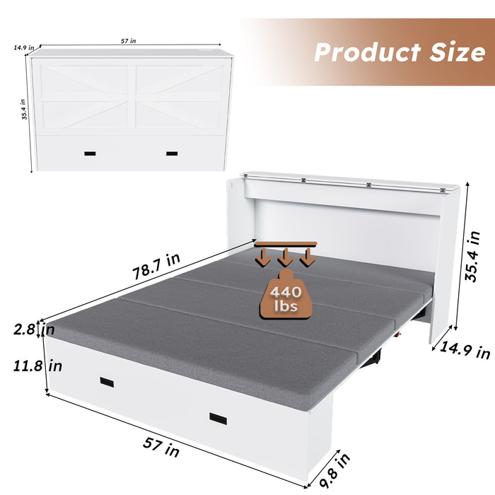 Full Murphy Bed With Storage Drawers, Charging Station, Foldable Panels, And Silent Swivel Wheels