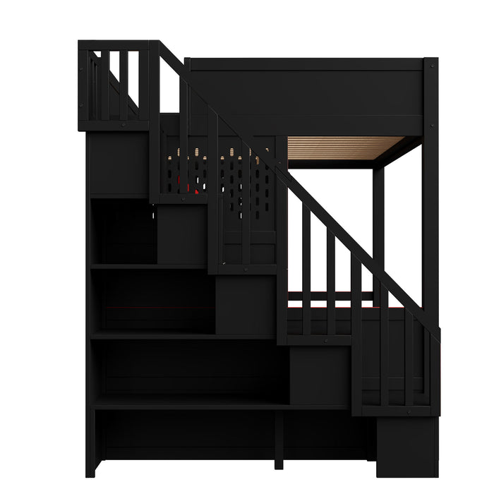 Full Gaming Loft Bed With Desk And Storage Staircase, LED Lights And USB - Red / Black