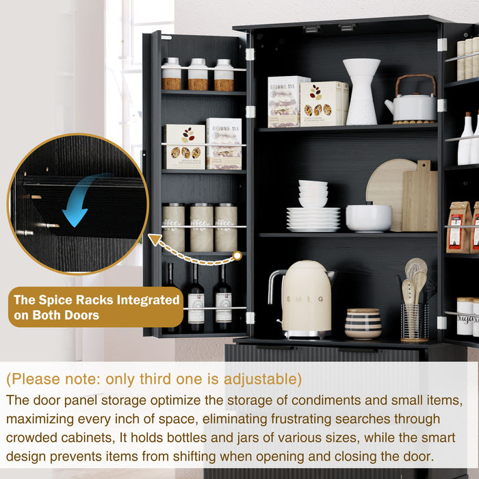 Fluted Kitchen Pantry Cabinet With 2 Large Drawers & 8 Door Spice Rack