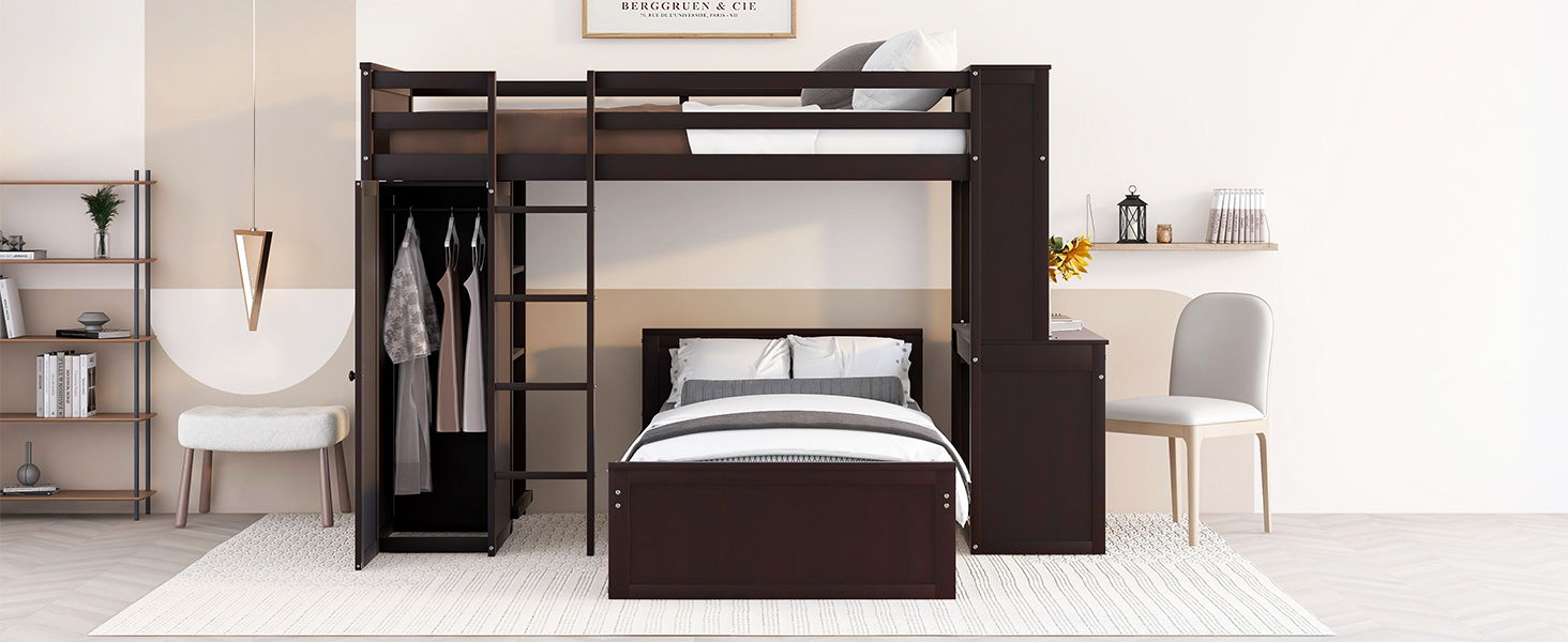 Loft Bed With A Stand Alone Bed, Shelves, Desk, And Wardrobe