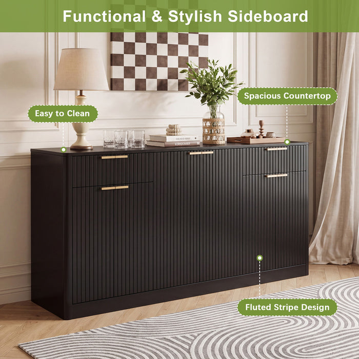 Large Fluted Buffet Sideboard, Wine Bar Storage Cabinet With 6 Doors & 2 Drawers