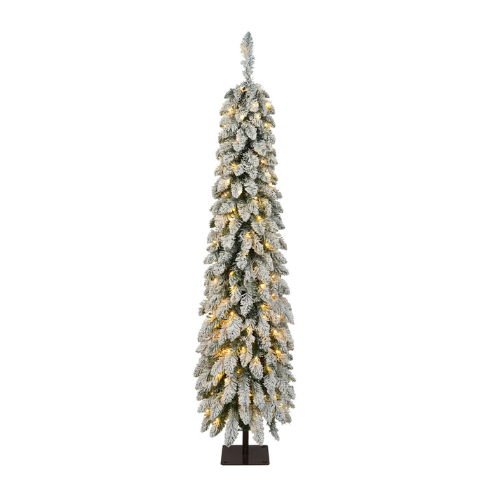 Slim Snow Flocked Pre Lit Pencil Christmas Tree, 3.9Ft / 5.9Ft / 7.9Ft With 750 Branch Tips, 480 LED Lights, Warm Glow, For Indoor Holiday Decor - White