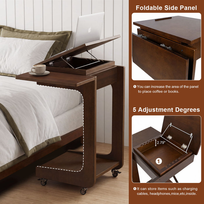 C - Shaped End Table, Rolling With 360° Adjustable & Foldable Desktop, Couch Table With Laptop Stand For Living Room - Walnut