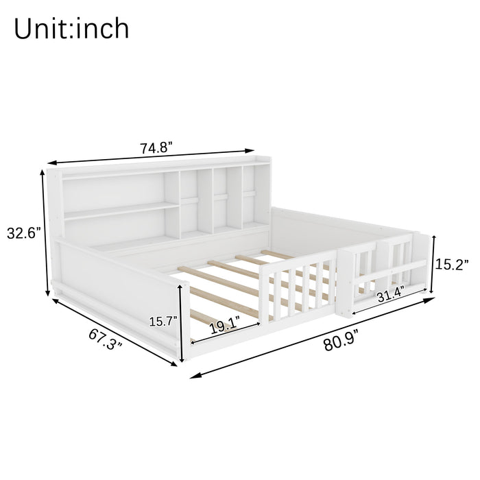 Platform Bed Frame With Guardrail, Storage Shelves & Bookshelf