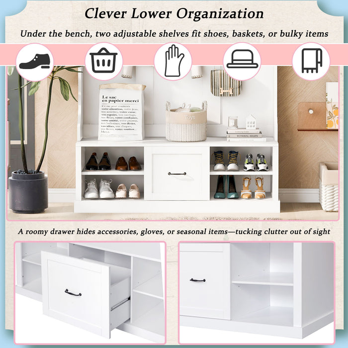 Hall Tree With 6 Hooks, Coat Hanger, Entryway Bench