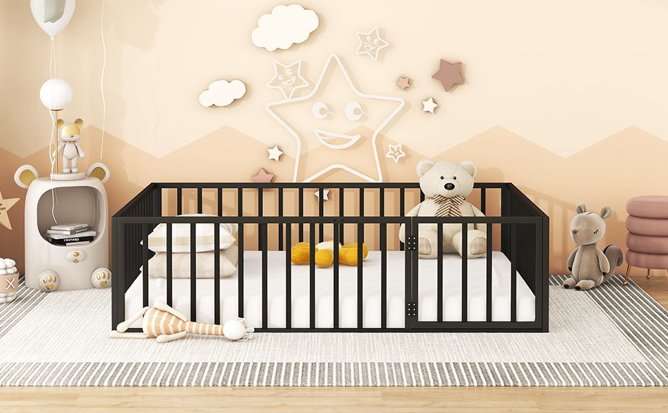 Metal Floor Bed Frame With Fence And Door