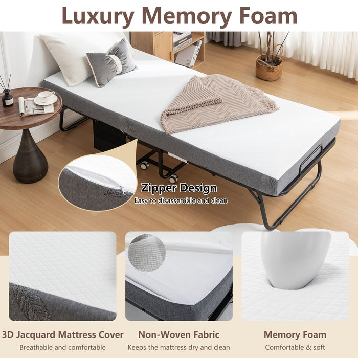 Foldable Metal Frame Bed For Guest With Memory Foam Mattress On Wheels, Saving Space Rollaway Bed