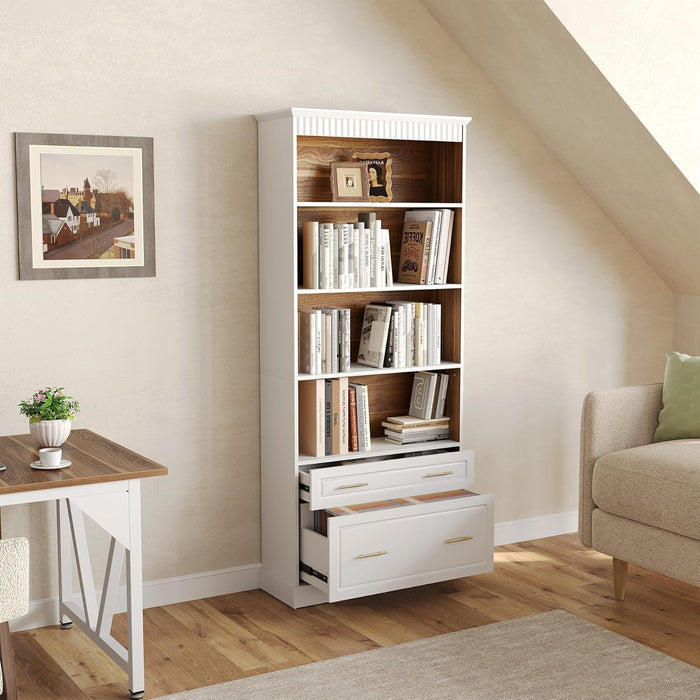5 Tier White Bookcase With 2 Drawers Storage Organizer For Living Room - White