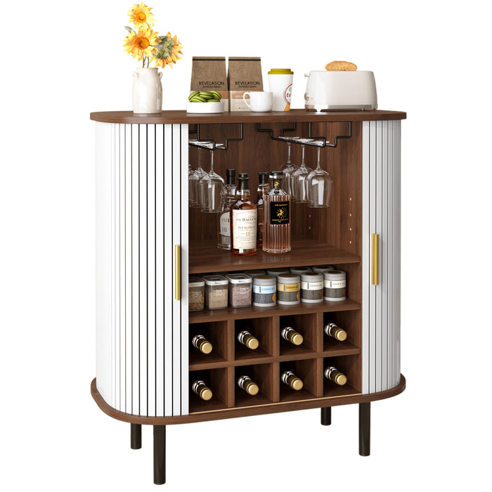 Fluted Wine Bar Cabinet With 8 Grid Wine Rack, 5 Level Adjustable Shelves, 2 Glass Holders