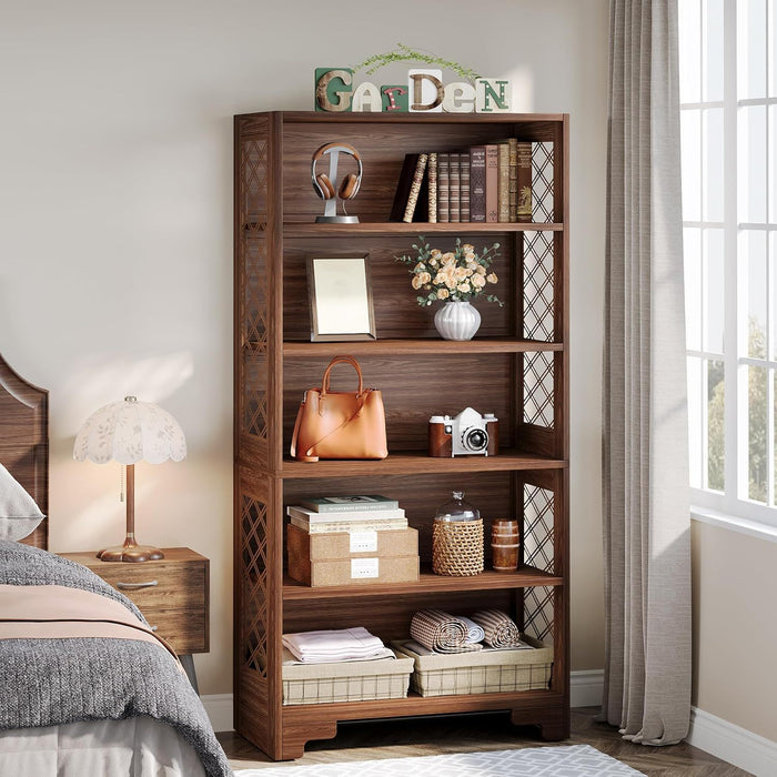 6 Tier Brown Mid Century Bookcase With X Design For Living Room - Brown